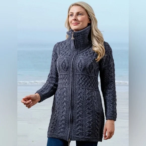 Aran Crafts made in Ireland 100% merino wool zippered woven Double Collar Coat L - Picture 1 of 5